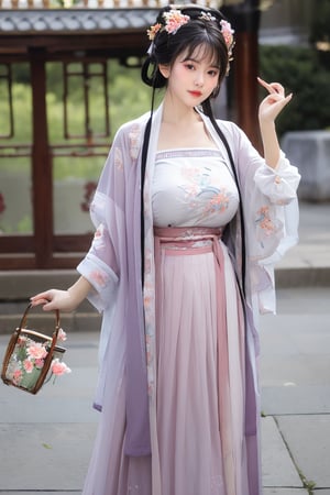 fenmo, fense, 1girl, black hair, flower, hair ornament, realistic, holding, hair flower, blurry, holding flower, chinese clothes, looking at viewer, hanfu, black eyes, basket, blurry background,hanfu,cho girl,(big breasts:1.39)