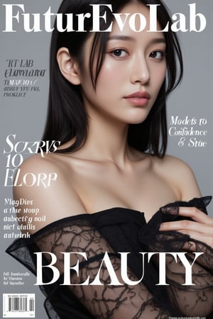 A high-fashion magazine cover featuring a close-up, upper-body shot of a beautiful Japanese female model with an enhanced bust size, confidently posing with elegance. Her sharp yet graceful facial features are highlighted, and she wears a stylish, modern outfit that accentuates her figure while maintaining a sophisticated and polished look. The background is a neutral gray with professional, magazine-quality lighting that enhances her photorealistic skin texture.

Across the cover, bold and stylish magazine text is displayed, including the title in elegant font: **"FuturEvoLab Beauty"** at the top. Other headlines include:
- **"Fashion Forward: The Future of Elegance"**
- **"Secrets to Confidence and Style"**
- **"Model of the Year: Embracing Allure and Power"**

The overall composition combines high-end fashion photography with captivating headlines that frame the model’s pose, drawing attention to her beauty and presence. The cover reflects sophistication, confidence, and modern fashion, with the FuturEvoLabBeautify aesthetic enhancing the visual impact.,Xxyjy