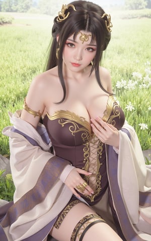 (masterpiece, best quality:1.2), 1girl, (hanfu dress:1.26),looking at viewer,(huge breasts:1.79),Depth of field,