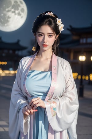  (masterpiece, best quality:1.3), 1girl, black hair, flower, hair ornament, realistic, holding, hair flower, blurry, holding flower, chinese clothes, looking at viewer, hanfu, black eyes, basket, blurry background,(white hanfu:1.29),(big breasts:1.59),(full moon:1.23)