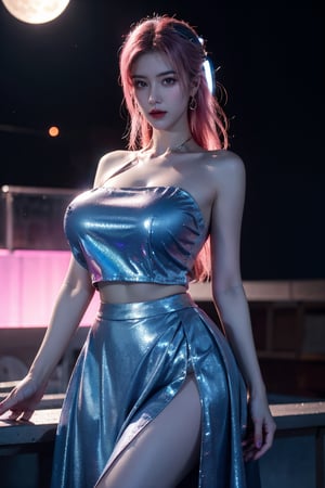 (masterpiece, best quality:1.3),Nights,(Cyberpunk:1.3), (neon lights:1.4), glowing earrings, realistic, pub,1girl, solo, looking at viewer, (Holographic light blue dress:1.29),realistic, midriff, bare shoulders, standting, hair ornament, pink hair, jewelry, Pleated Skirt, purple long skirt, cowboy shot,Xyunxiao, ,(huge breasts:1.5),(full moon:1.39)