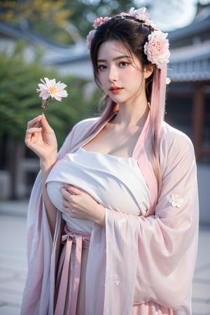  (masterpiece, best quality:1.3), 1girl, black hair, flower, hair ornament, realistic, holding, hair flower, blurry, holding flower, chinese clothes, looking at viewer, hanfu, black eyes, basket, blurry background,(pink-white hanfu:1.29),(big breasts:1.66),(full moon:1.23)