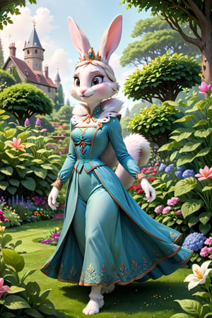 Create a detailed and vivid image of a half-human, half-rabbit queen gardening in a lush garden, her fluffy tail swaying gently in the breeze. The queen, adorned in regal attire, delicately tends to her plants with a serene expression on her face, surrounded by vibrant flowers and verdant foliage. Capture the essence of her royal presence mingled with the tranquility of nature, as she gracefully embodies the harmony between her human and rabbit traits.