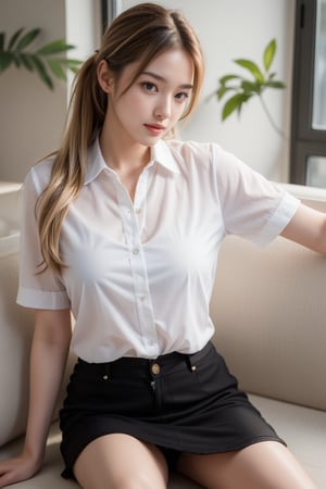 1 girl, solo, looking at viewer, Taken from above, long blonde hair, shirt, brown eyes, sitting, beautiful legs, ((both hands on the sofa)), white shirt, ponytail, short sleeve, collared shirt, indoors, black pencil skirt, lips, window, feet out of frame, plant , sofa, pencil skirt, legs separated,hubggirl,(masterpiece:1.3), (8k, photorealistic, RAW photo, best quality: 1.4), (1girl), beautiful face, (realistic face), beautiful hairstyle, realistic eyes, beautiful detailed eyes, (realistic skin), beautiful skin, clean skin, ultra high res, ultra realistic, hightly detailed, golden ratio, K_GIRL