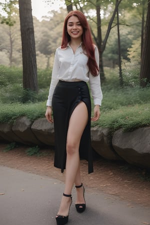 girl, long hair, ((red hair)), instagram model, ((cute face)), sexy  White black mix outfit, ,setting near the a big stone in forest Park, wearing black beautiful  heels, holding mobile on her hand, write Nagaland on her shirt, nice figure, with laughing faces, 21 years old, clear background, full length picture, with nice buttock, 