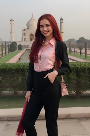 girl, long hair, ((red hair)), instagram model, ((cute face)), sexy pink shirt and black  pants outfit, ,setting near taj mahal, wearing black high beautiful  heels, holding bag, write Nagaland on her shirt, nice figure, with smiling faces, 21 years old, clear background, full length picture