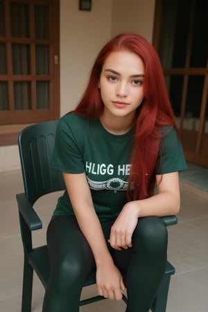 girl, long hair, ((red  hair)), instagram model, ((cute face)), sexy green pink black outfit, leggings,sitting on a chair in village somewhere in nagaland,wearing high heels, write Nagaland on her shirt, a big danger looks animal dog sitting near her, good quality picture without missing any parts of the body, 19 years old, 