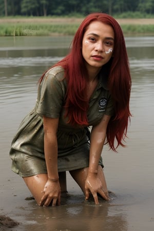 girl, long hair, ((red hair)), ((cute face)), dirty dress  sort outfit, catching fish with so many people in a big pond , some mud on her face and dress,write Nagaland on her shirt