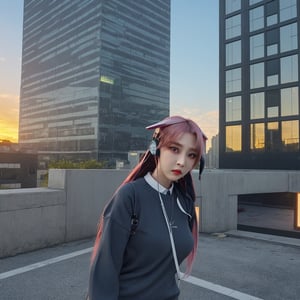 moonbyul, full body, long hair, pink hair, floating hair, take a selfie, holding the camera, in pose flying between buildings, small breast, highly detailed with cybernetics and blue and cute sweater, cat headset, intricately detailed, city background at sunset, hdr, 8k, subsurface scattering, specular lighting, high resolution, rendering octane, ray tracing, neon,photo r3al