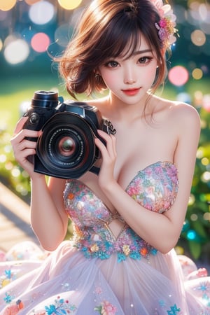 (((camera close up Head to waist)))busty and sexy girl, 8k, masterpiece, ultra-realistic, best quality, high resolution, high definition, hair ornament, dress, bare shoulders, standing, white dress, sparkle, strapless, strapless dress, ballerina, ballet slippers, tutu, floral background