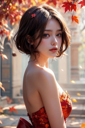 Close-up of a brown-haired woman under the towering maple tree, wearing a strapless dress, red and orange leaves falling, 3/4 view, masterpiece, high resolution, blurred background, rule of thirds, perfect composition, work room photos, wallpapers.1 girl,best quality