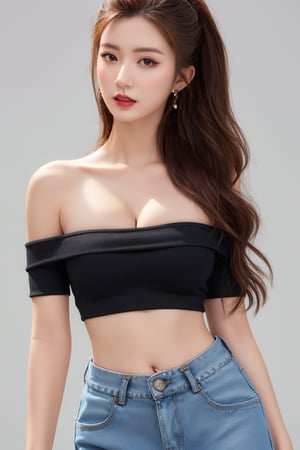 masterpiece, best quality, highly detailed, 8k, simple background, white background, solid color background, edge lightning, beautiful woman, detailed, realistic, natural body, detailed face, natural shoulders, slim waist, red lips, glowing lips, 1girl, solo, oily skin, long hair tied low, earrings, white crop top, off the shoulder, black mini skirt, denim shot, beautiful wonder, medium size breasts, noticeable cleavage, very very fair skin, smooth and white