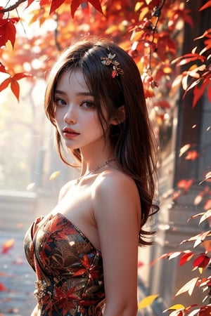Close-up of a brown-haired woman under the towering maple tree, wearing a strapless dress, red and orange leaves falling, 3/4 view, masterpiece, high resolution, blurred background, rule of thirds, perfect composition, work room photos, wallpapers.1 girl,best quality