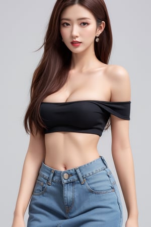 masterpiece, best quality, highly detailed, 8k, simple background, white background, solid color background, edge lightning, beautiful woman, detailed, realistic, natural body, detailed face, natural shoulders, slim waist, red lips, glowing lips, 1girl, solo, oily skin, long hair tied low, earrings, white crop top, off the shoulder, black mini skirt, denim shot, beautiful wonder, medium size breasts, noticeable cleavage, very very fair skin, smooth and white