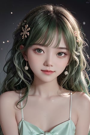  ((highest quality, master works, ultra-fine section, light and shadow tracking, ultra-high resolution)) a girl,bow smile,simple background,gradient background,snowflakes,particle light,real light and shadow,green hair,happy,shy,blush,bright scene,colorful details,