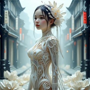 A girl with Natalie Portman's likeness stands tall in a symmetrical composition, surrounded by punk-inspired aesthetics. Soft light wraps gently around her, highlighting intricate paper-cut designs reminiscent of Kirigami sculptures on her medium-breasted figure. The Japanese Folk Art Style's precision and clean lines are showcased, as if Albert Gleizes and Floria Borsi merged their styles to create this captivating piece.biomechanic