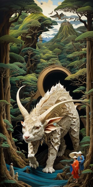 photography in the style of detailed hyperrealism ,creature ,fantasy,James Christensen,bold lines,hyper detailed

(realistic figures in the foreground, impressionistic  and oil painting in the background 1.2)

(Kirigami representation, 3D, paper folding, paper cutting, Japanese, intricate, symmetrical, precision, clean lines : 1.3)
