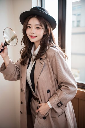 beautiful, 1girl,
pink jk uniform
(Brown hair:1.2),
long hair, smile, (detective:1.2),Magnifying glass,
Detective's hat,
Light color Trench coat, hk_girl 
