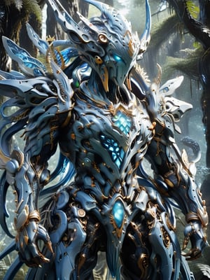 A full-body biomechanical giant Warframe mecha in a strange alien forest from another stormy world. It has a strange shape with a complex and intricate design, featuring a large crystalline headdress, adorned with fantasy crystal blue coral, with glowing central biomechanical tentacles, and multiple smaller, symmetrical crystalline formations, with a strange biotech exosuit with eyes bright.