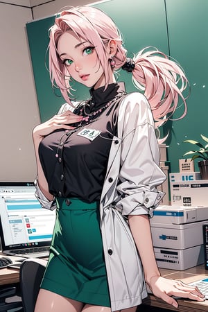 1girl with short pink hair and green eyes small breasts named Sakura Haruno in office uniform, office, office uniform, necklace, jewellry, accessories, harunoshipp, haruno sakura,Sakura Haruno,Naruto,office_lady_uniform