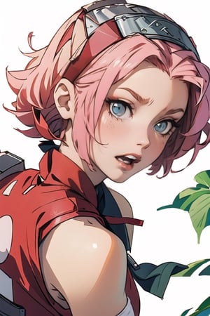 1girl, solo, looking at viewer, green eyes, short hair, open mouth, simple background, white background, upper body, greyscale, hairband, parted lips, sleeveless, headband, zipper, sleeveless jacket, haruno sakura,Sakura Haruno