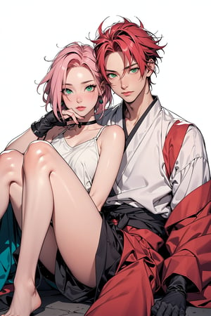 1girl with short pink hair and green eyes named Sakura Haruno in ninja attire, 1man with red hair and green eyes named Gaara, shinobi, ninja, harunoshipp