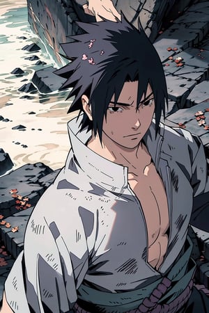 Sasuke Uchiha, ninja, shinobi, sword, black hair, black eyes, masterpiece, best quality