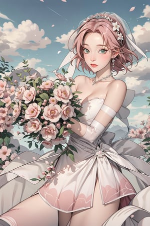 Sakura Haruno, pink hair, green eyes, bride, dress, flower, bridal dress, chapel, accessories, beauty, masterpiece, best quality