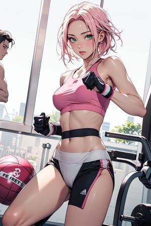 1girl with short pink hair and green eyes named Sakura Haruno, fitness, fit, gym, martial arts, kata,, harunoshipp,fitballv2,Fit girl,ball,Ringfittrainee