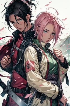 1girl with short pink hair and green eyes and small breast wearing military uniform named Sakura Haruno, 1boy with black hair and black eyes named Sasuke Uchiha, wearing military uniform, looking into camera, gun, couple, harunoshipp, Sasukeanime,Sasuke Uchiha, military_uniform, weapon, couple_(romantic),Military