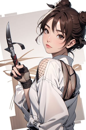 Tenten, brown hair in two buns, brown eyes, ninja, shinobi, fishnet, weapon, kunai, shuriken, masterpiece, best quality