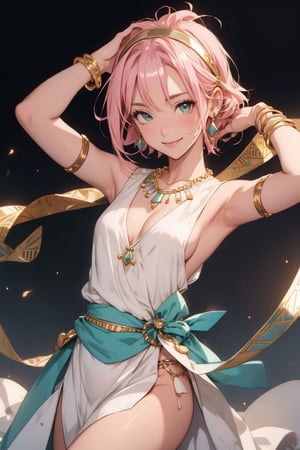 1girl, solo, small breasts, looking at viewer, smile, bangs, green eyes, pink hair, short hair, dress, cleavage, jewelry, cowboy shot, hairband, earrings, necklace, bracelet, no bra, sideboob, ring, gem, armlet, white dress, gold, yellow hairband,harunoshipp, sleeveless shirt, harunonewera, forehead mark, egypt dress, sleeveless,egyptian clothes,haruno sakura, black sash,egypt