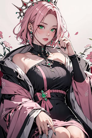 1girl with short pink hair and green eyes named Sakura Haruno, princess, crown, jewelry, headwear, royalty, royal, colored_nails, dress, festive, traditional, harunoshipp,HUD_spr_armr,DP