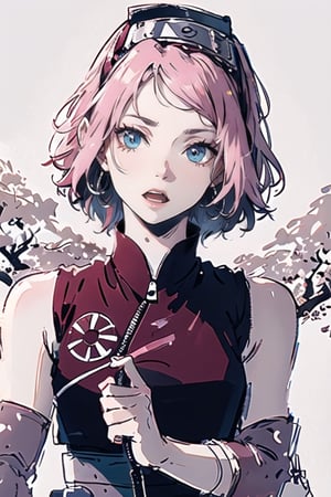 1girl, solo, looking at viewer, green eyes, short hair, open mouth, simple background, white background, upper body, greyscale, hairband, parted lips, sleeveless, sketch, headband, zipper, sleeveless jacket, haruno sakura,Sakura Haruno