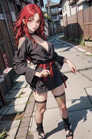 Karin Uzumaki, long red hair, red eyes, ninja, shinobi, fishnet, medic, masterpiece, best quality