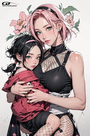 2girls, 1woman with short pink hair and green eyes named Sakura Haruno, 1girl with short black hair and black eyes named Sarada Uchiha, mother and child, family, ninja, shinobi, kunoichi, training, fishnet, harunoshipp, hairband,Saradauchiha,cgi