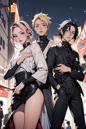 1girl, 2boys, 1girl with short pink hair and green eyes named Sakura Haruno, 1boy with black hair and black eyes named Sasuke Uchiha, 1boy with blond hair and blue eyes named Naruto Uzumaki, friends, team 7, elegant clothes, evening gown, suit, event, festival, chic, harunoshipp, Sasukeanime, hairband,Sasuke Uchiha ,Naruto uzumaki , forehead protector