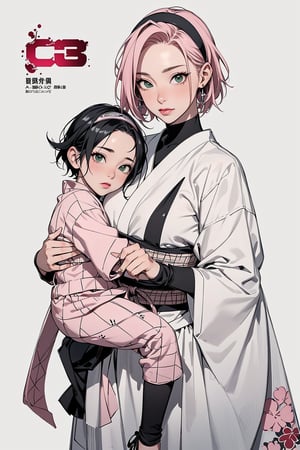 2girls, 1woman with short pink hair and green eyes named Sakura Haruno, 1girl with short black hair and black eyes named Sarada Uchiha, mother and child, family, ninja, shinobi, kunoichi, training, fishnet, harunoshipp, hairband,Saradauchiha,cgi