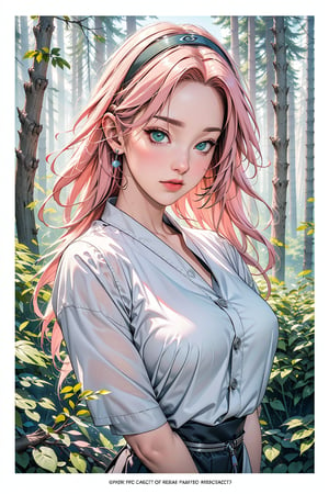 Sakura Haruno, pink hair, green eyes, forest, forest spirit, spirit, ghost, nature, dress, masterpiece, best quality