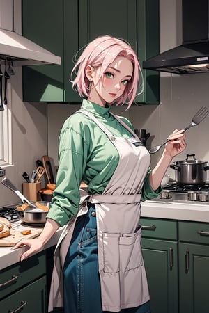 1girl with short pink hair and green eyes named Sakura Haruno in apron, apron, kitchen, baking, cooking, fun, sweet, calm, cozy, harunoshipp,KRU,wearing kitchen_apron,edgLnF