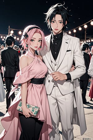 1girl, 1boy, 1girl with short pink hair and green eyes named Sakura Haruno, 1boy with black hair and black eyes named Sasuke Uchiha, couple, elegant dress, suit, event, festival, festive, date, elegant, harunoshipp, Sasukeanime, hairband,Sasuke Uchiha, forehead protector