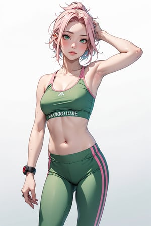 1girl with short pink hair and green eyes named Sakura Haruno, fitness, fit, gym, harunoshipp,fitballv2,Fit girl