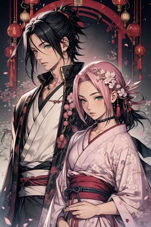 1girl with short pink hair and green eyes and small breast wearing japanese-style dress named Sakura Haruno, 1boy with black hair and black eyes named Sasuke Uchiha, both having hair ornaments and jewelry, necklace, wearing japanese-styled clothes, facing each other, couple, royalty, harunoshipp, Sasukeanime,Sasuke Uchiha, ancient japanese,ancient_beautiful, Japanese art,anime girl,black hair