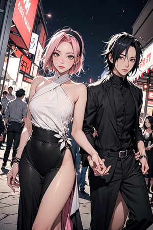 1girl, 1boy, 1girl with short pink hair and green eyes named Sakura Haruno, 1boy with black hair and black eyes named Sasuke Uchiha, couple, elegant dress, evening gown, event, festival, festive, date, elegant, harunoshipp, Sasukeanime, hairband,Sasuke Uchiha, forehead protector