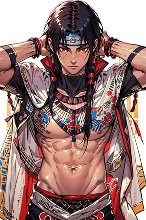 Itachi Uchiha, black long hair, black eyes, red eyes, egypt clothes, egyptian, ancient egypt, royalty, accessories, gold, masterpiece, best quality