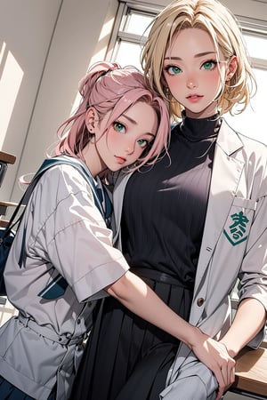 1girl with short pink hair and green eyes named Sakura Haruno in school uniform, 1woman with long blonde hair in two low ponytail and brown eyes named Tsunade Senju in teacher attire, mentorship, school, lesson, school uniform, harunoshipp,wearing acmmsayarma outfit