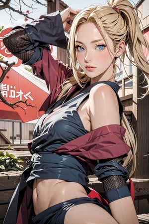 Ino Yamanaka, ninja, shinobi, kunoichi, fishnet, training, long blonde hair, blue eyes, masterpiece, best quality