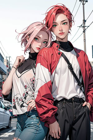 1girl with short pink hair and green eyes named Sakura Haruno, 1man with red hair and green eyes named Gaara, street fashion, fashion, street, couple, harunoshipp,Fashionista ,edgYSL