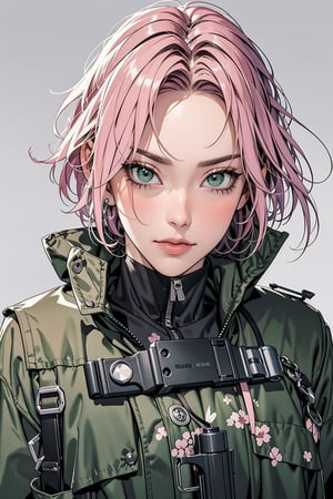 Sakura Haruno, pink hair, green eyes, military, military outfit, war, fire, gun, firearm, weapon, masterpiece, best quality