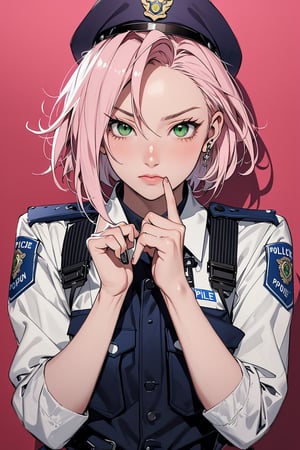 1girl with short pink hair and green eyes named Sakura Haruno in police uniform, police_uniform, cop, police_officer, police, fierce look, danger harunoshipp,PolicewomanAkiko,ValkyriePoliceStudent,lemon0001